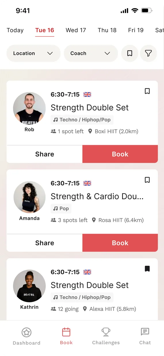 The Beat81 Book tab switching from the full day schedule to only the classes the user has saved, once the bookmark filter is on