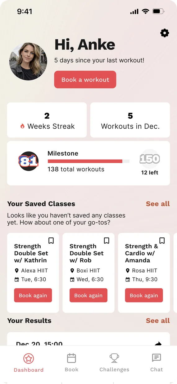 The Beat81 home screen before any classes are saved, with the row of suggested go-to classes being swiped