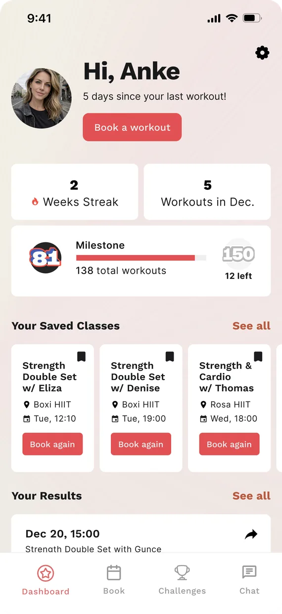 The Beat81 home screen with the Your Saved Classes row being swiped to reveal more saved classes, each with a Book again button