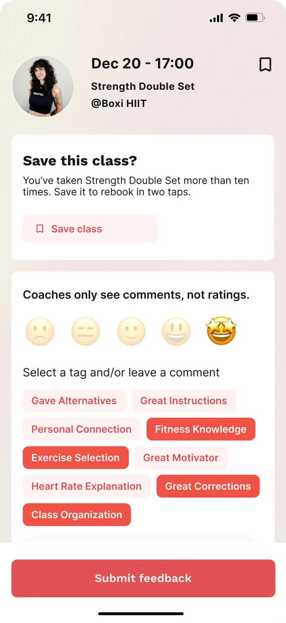 The feedback screen with a prompt to save a class the user has taken more than ten times; tapping Save class switches it to Saved and fills the bookmark in the header