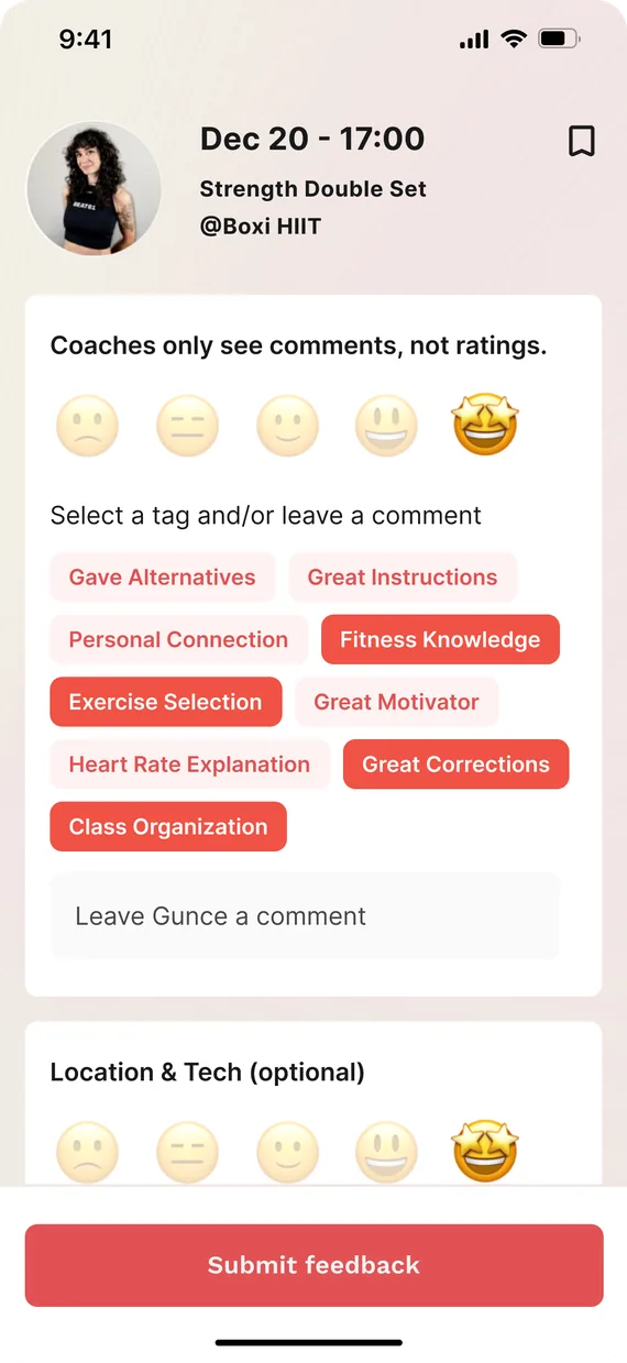 The Beat81 post-workout feedback screen scrolling to the end of the form, then the bookmark in the top right corner is tapped and the class is saved