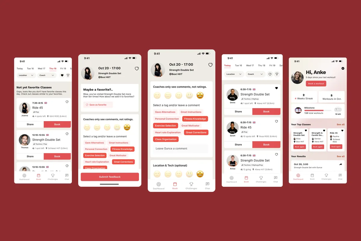 Beat81 app redesign, five screens rotating through a carousel