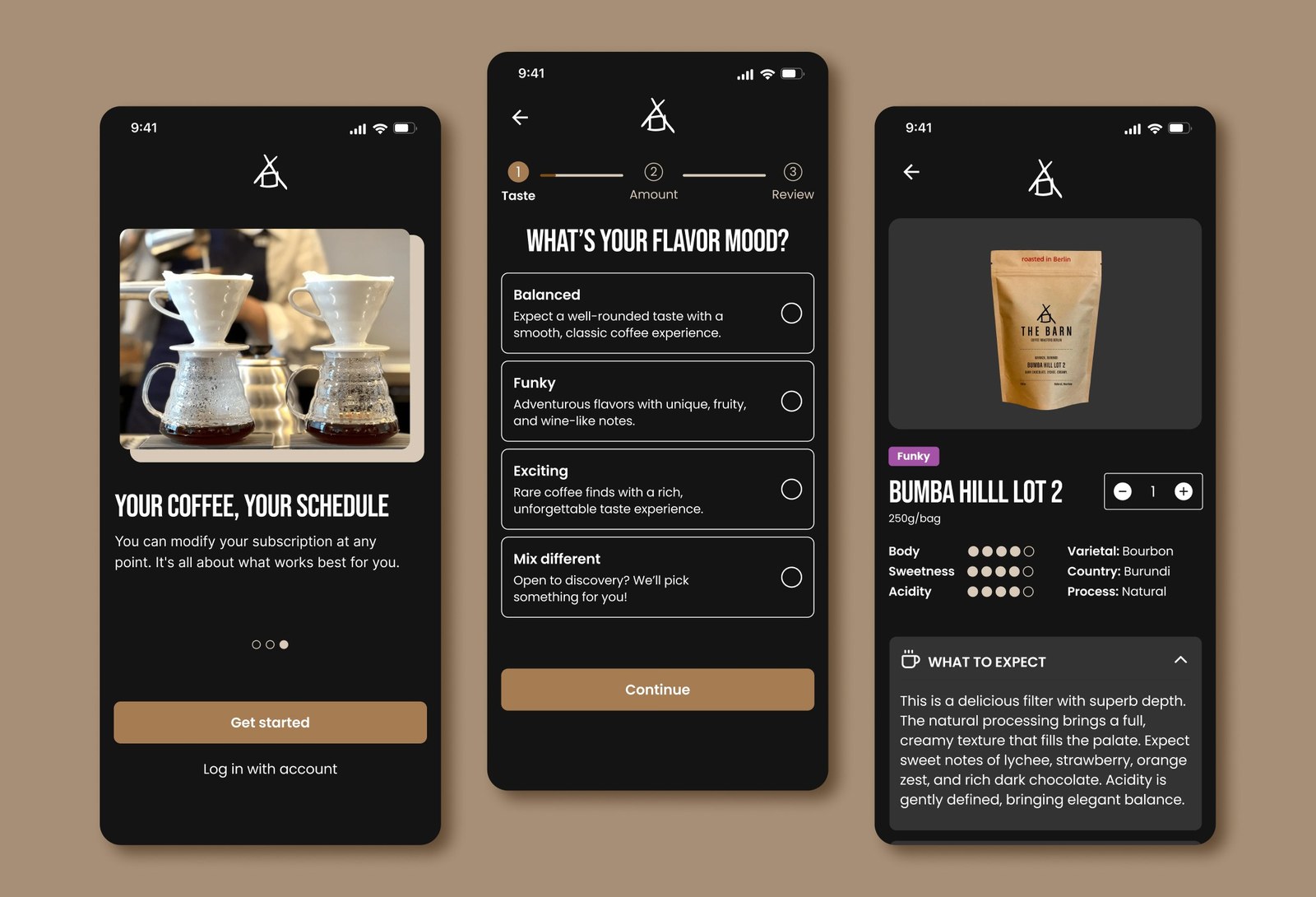 The Barn coffee subscription concept, three app screens