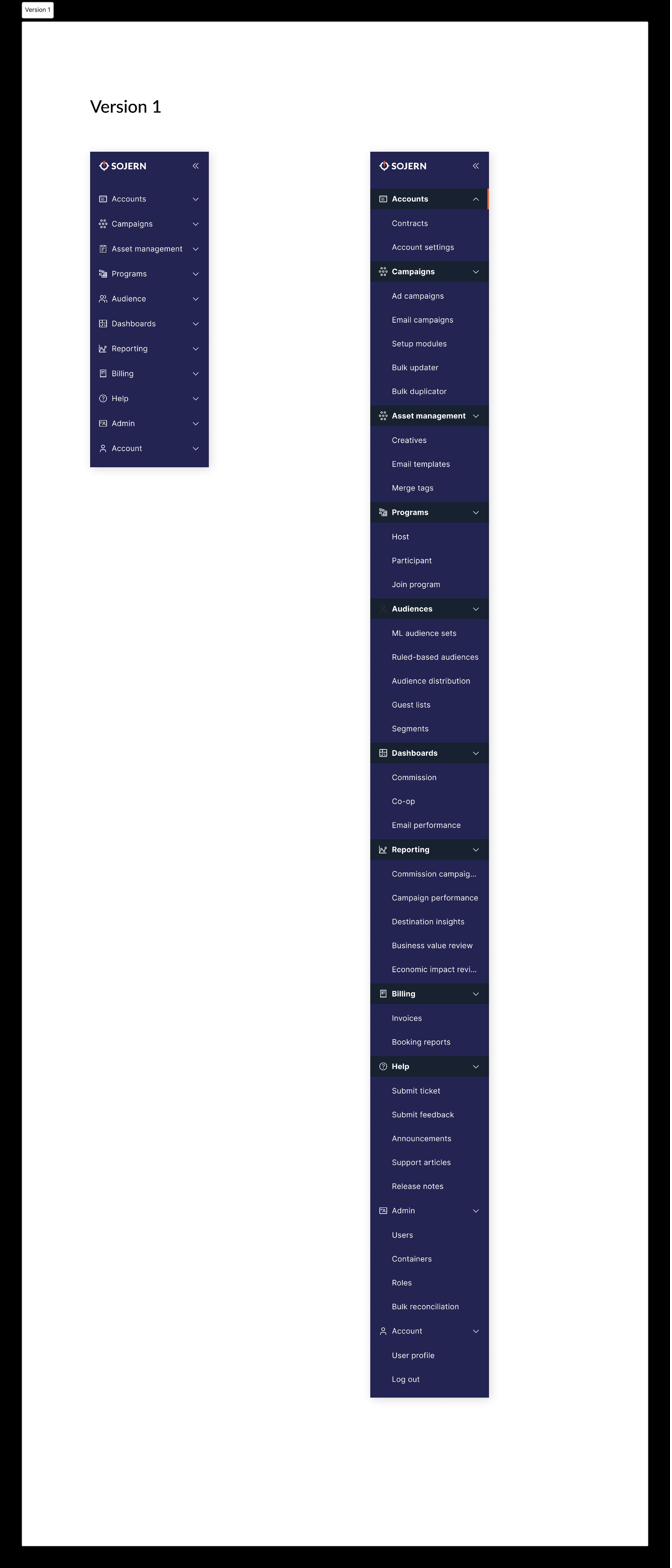 Version 1 navigation: EoC items placed into an expanded but still flat top-level list