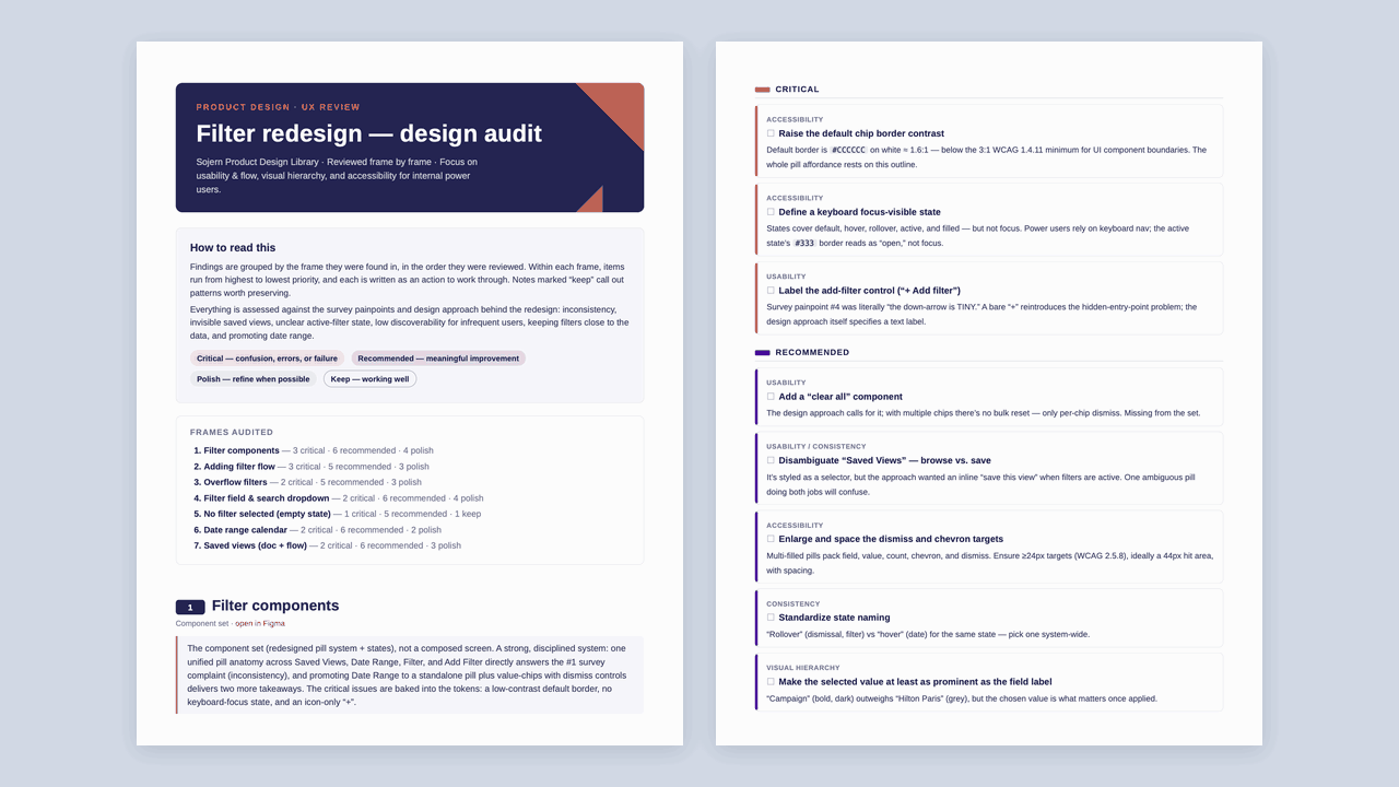 The first four pages of the Design Evaluator audit of the filter redesign: the overview with the frames audited, then critical, recommended, and polish findings