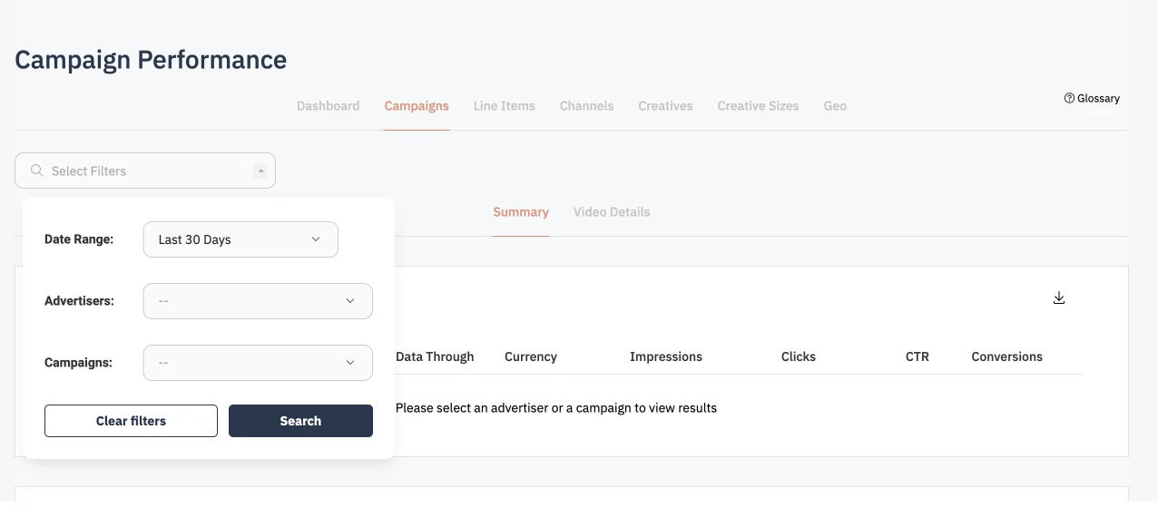 Filters on the Campaign Performance page before the redesign, 5 of 9