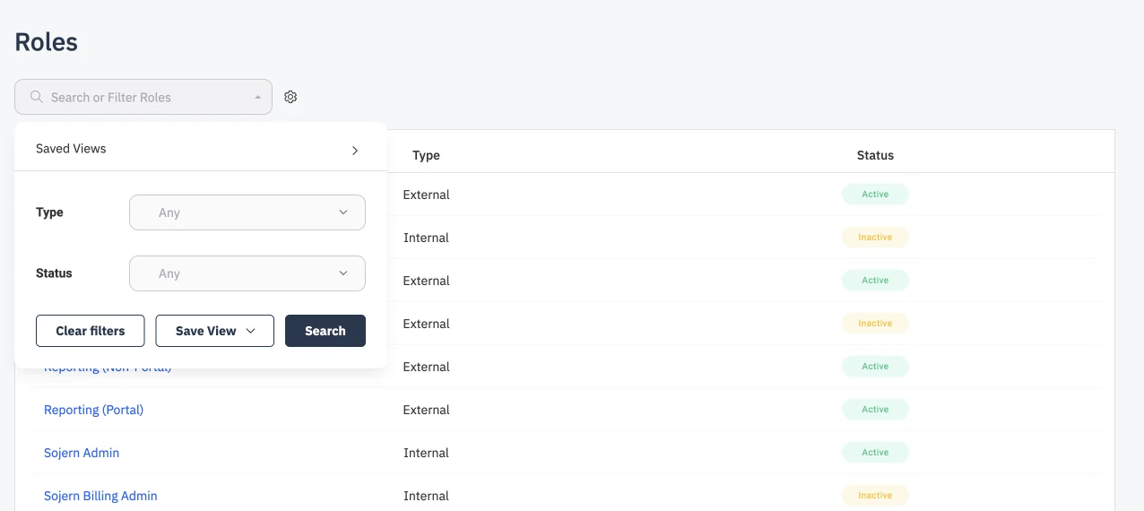 Filters on the Roles page before the redesign, 8 of 9