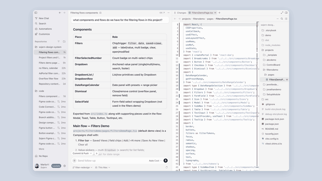 Building the filter prototype in Cursor: the chat mapping the existing filter components, the chat next to the running demo, and the finished demo page with the new filter bar