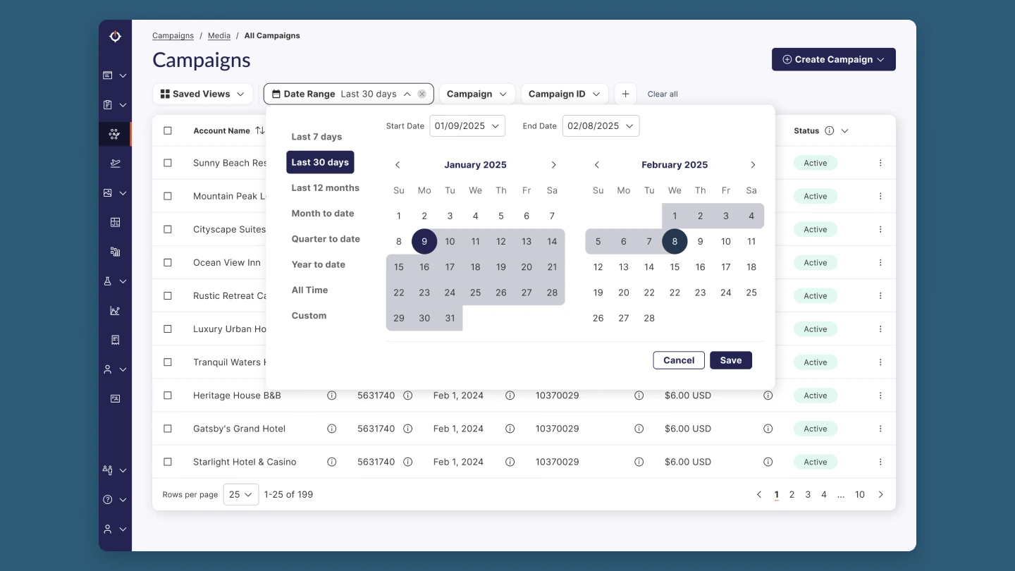 The Campaigns page with the date range picker open: presets such as Last 30 days and Month to date on the left, and start and end dates on a two-month calendar