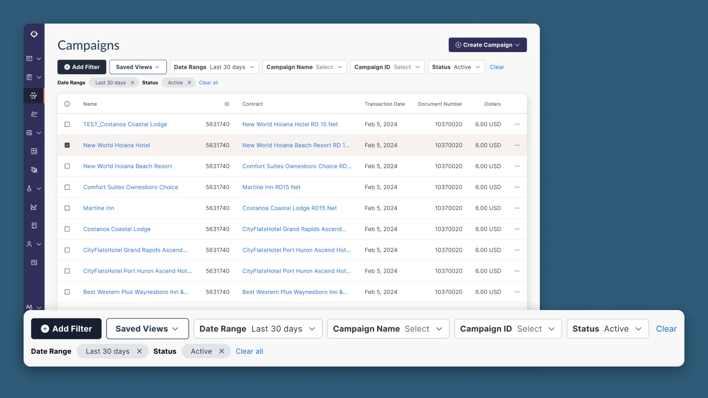 The first design direction on the Campaigns page: a dark + Add Filter button leads the filter bar, followed by Saved Views, Date Range, dropdowns that read Select, and Status set to Active, with the applied Date Range and Status values repeated in a second row below
