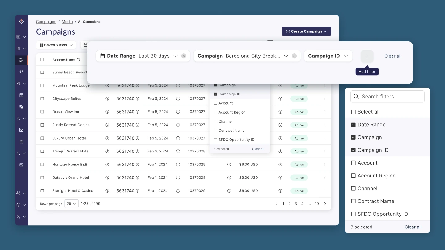 The Campaigns page with the add filter checklist open, and a close-up of the + button after the last filter with its Add filter tooltip, above the searchable checklist it opens