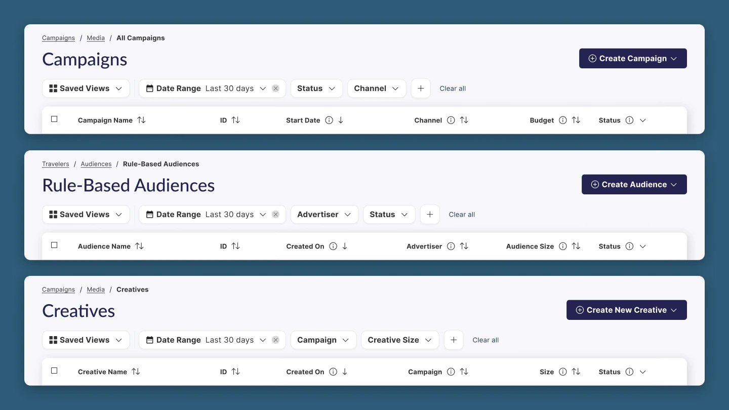 The redesigned filter bar in the same place on the Campaigns, Rule-Based Audiences, and Creatives pages, each with its own default filters