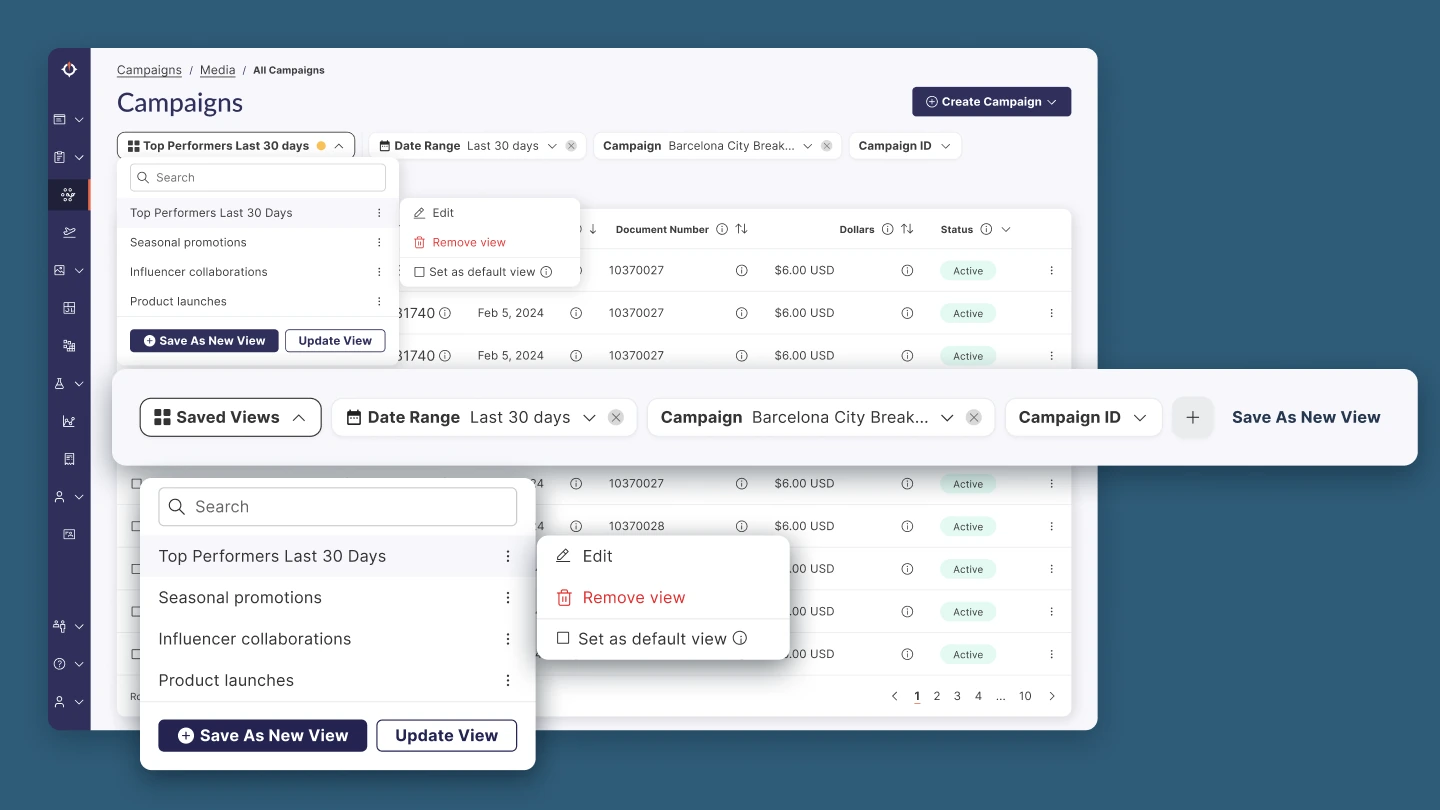 The Campaigns page with the saved views list open, and a close-up of the filter bar with Saved Views as the first chip and a Save As New View button at the end, above the saved views list with its edit, remove, and set as default menu